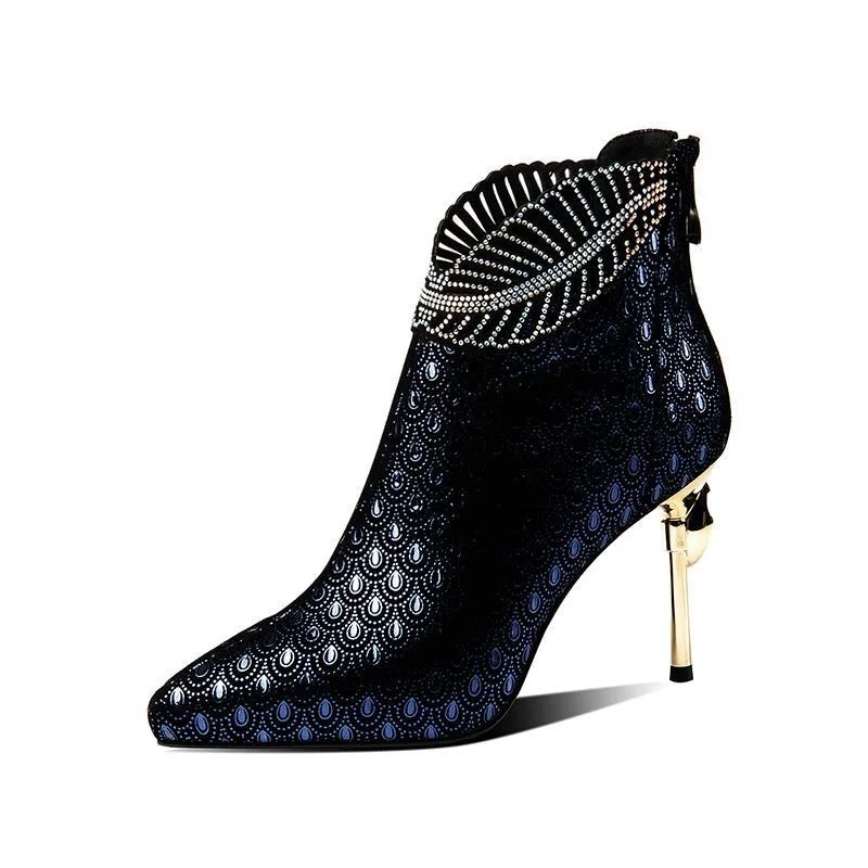 

Peacock Pattern Embossed Leather Boots Woman Ankle Boots Plating Heel Rhinestone Women's Winter Shoes 2020 Female Footware Blue