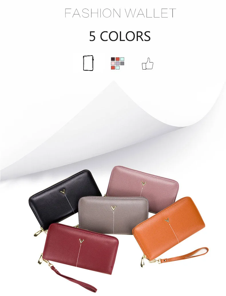 Women clutch bag leather wallet female long zipper clutch bag top layer cowhide portable large capacity paper clip new