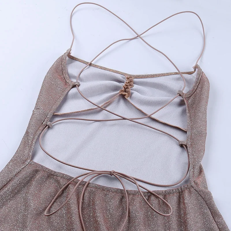 

NORMOV Fashion Women Dress Shinny Irregular Halter Backless Bandage Mini Dress Pink Bodycon Elegant Night Party Lady Dresses