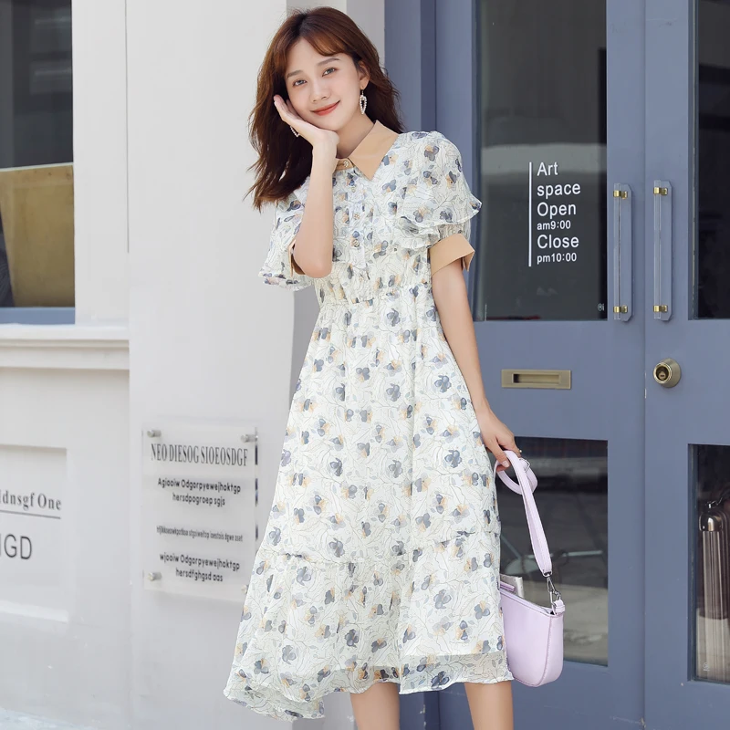 

French Style Women dress New Summer Floral Print women's chiffon dresses