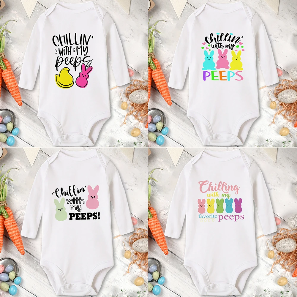 

Chillin with My Peeps Baby Newborn Bodysuits Funny Easter Boy Girl Kid Long Sleeve Jumpsuits Toddler Infant Clothing Easter Gift