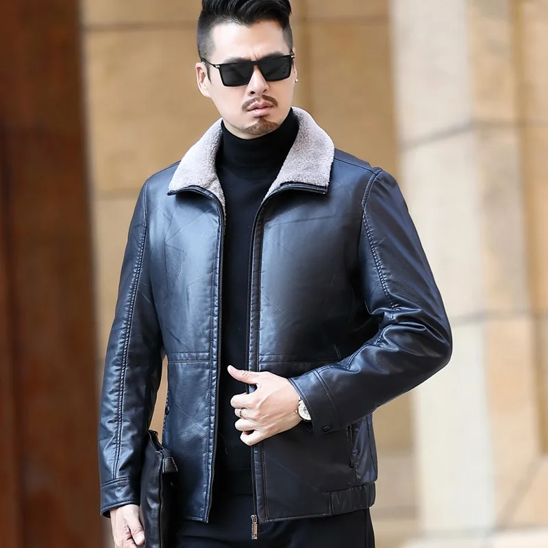 

Winter Leather Jacket Men Real faux Fur Collar Duck Down Coat Men's Down Jacket clothing 2020