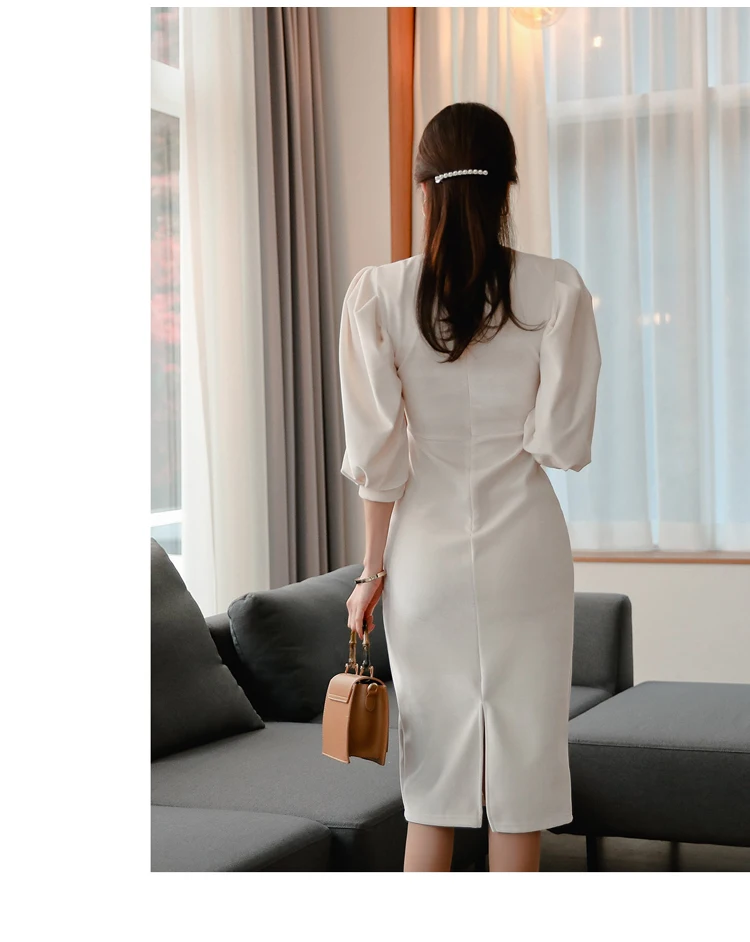 

Korea Fashion Dress Office Lady Autumn Dress Women Puff Sleeve Slim Party Dress Elegant Sexy Hollow Out Workwear Dress SL186