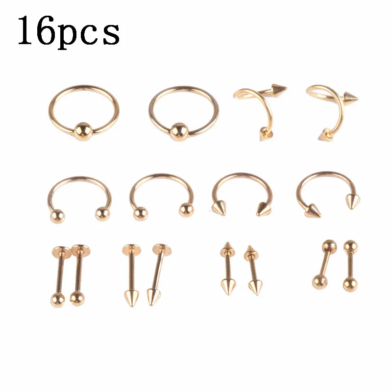 Gold 16pcs 110 шт набор акриловых пирсингов для пирсинга живота, бровей, тоуга, Лабрет, кольцо для сосков штанга, пирсинг, Набор Для Пирсинга Хряща, трагус, набор для пирсинга - Окраска металла: Gold 16pcs