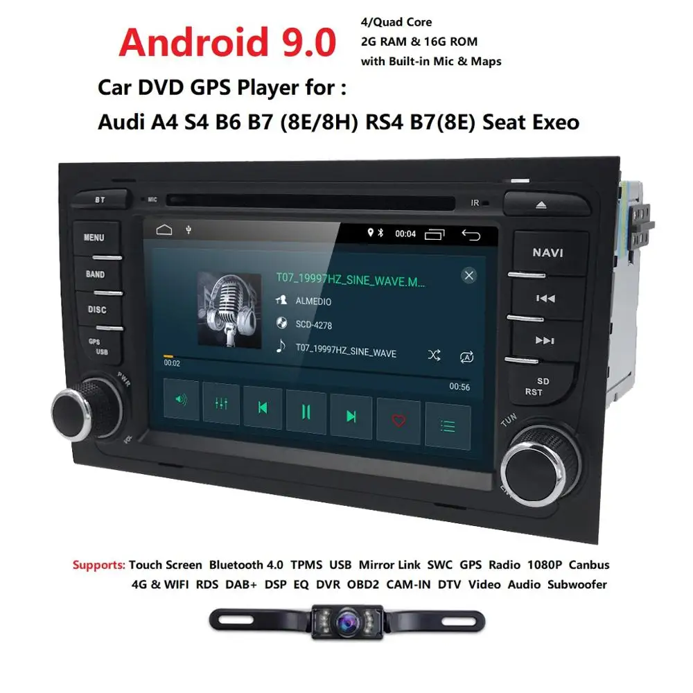 Camera1024* 600 4 ядра 2din Android 9,0 Автомобильный Dvd плеер для автомобиля Audi A4(8E/8н) 2000-2012 S4 RS4 B6 B7 сиденье Exeo gps Navi