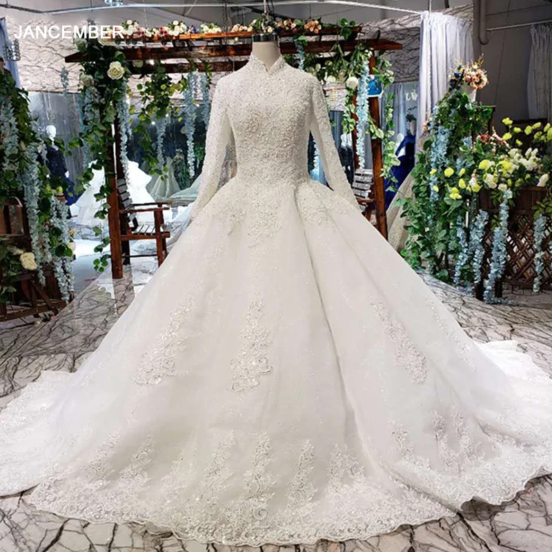 LSS058G платье для свадьбы 2020 мусульманское с длинным рукавом и высоким