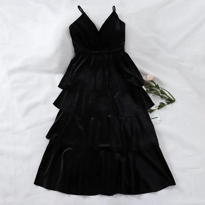 Vintage Gold Velvet Long Dress Women Sleeveless Spaghetti Strap V-Neck Sexy Multi-Layer Ladies Party Vestidos C5746 | Женская одежда