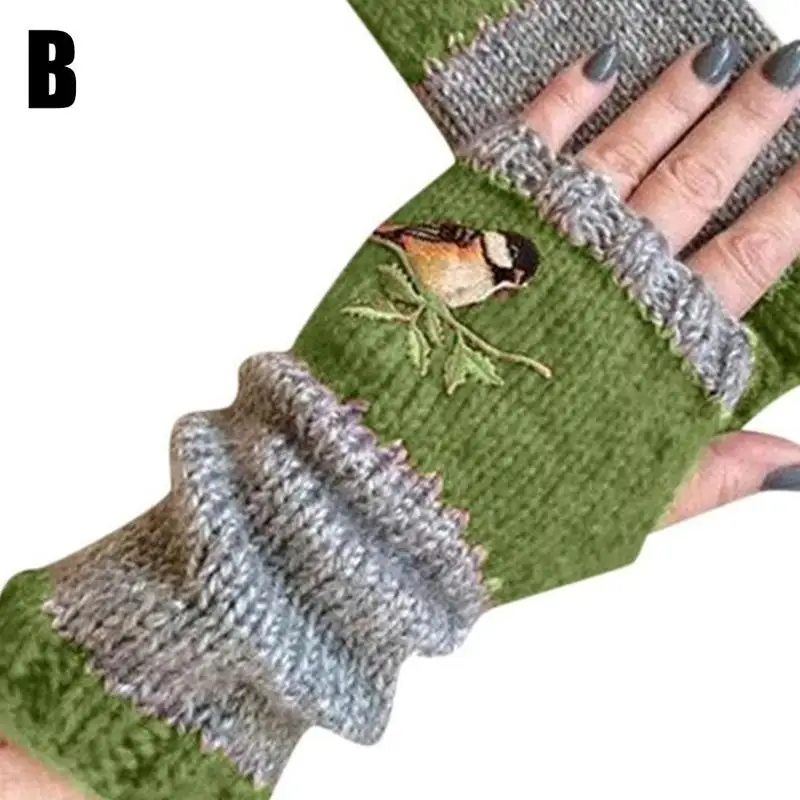 

2020 Fashion Gloves Warm Stitching Bird Embroidered Ladies Fingerless Plus Block Winter Color Stitching Gloves Gl Knitted V Q6H1