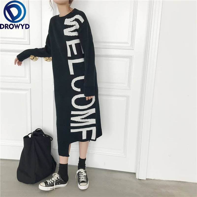 

2021 Autumn and Winter Korean Version of Long Irregular Knitted Letter Jacquard Dress Women Loose Stretch Pullover Sweater Dress