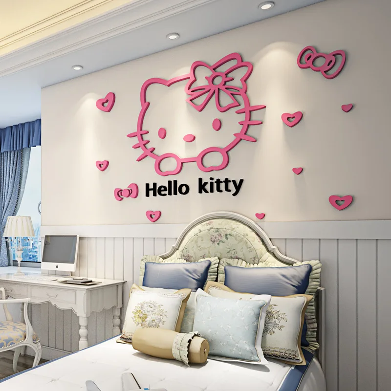Hello kitty кошка акриловые 3D наклейки на стену детская комната мультфильм клейкая бумага спальня прикроватные настенные украшения