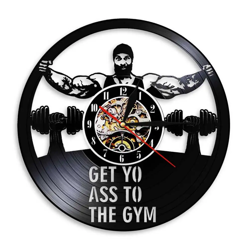 Get Yo Ass To The Gym Workout Dumbbell Vinyl Record Wall Clock No Pain No Gain Fitness Design Wall Decor Wall Watch Gift For Him