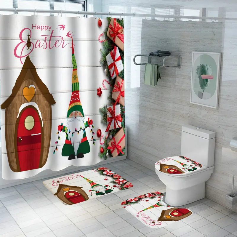 christmas series santa claus golden bell printed waterproof bathroom shower curtain xmas toilet cover soft flannel mat 4pc set free global shipping
