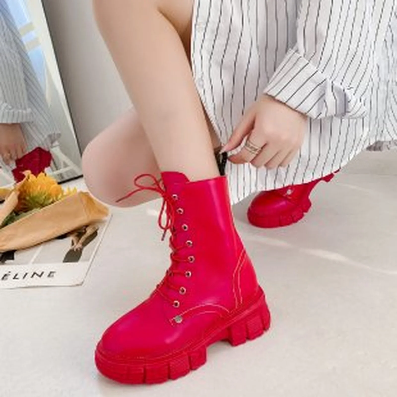 

Women Boots Patent Leather Platform Shoes Brand Ankle Fashion High Heel Boots Women Autumn Winter Warm Platform Boots black red