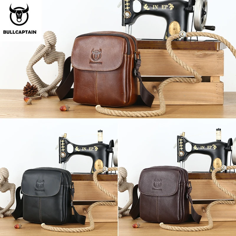 BULLCAPTAIN Men's Shoulder Messenger Bag Leather Casual Classic Multifunctional Short Cover Medium And Small Bag