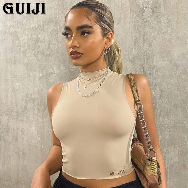 

【GUIJI】Ready Stock 2021 New Spring Sexy Solid Color Knit Round Neck Sleeveless Cropped Letter Vest Top for Women, Free Shipping
