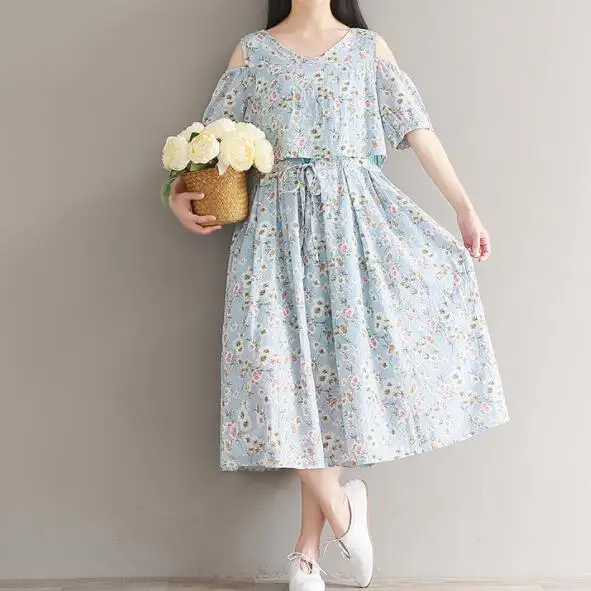 Женское летнее платье винтажное с цветочным принтом открытыми плечами высокой