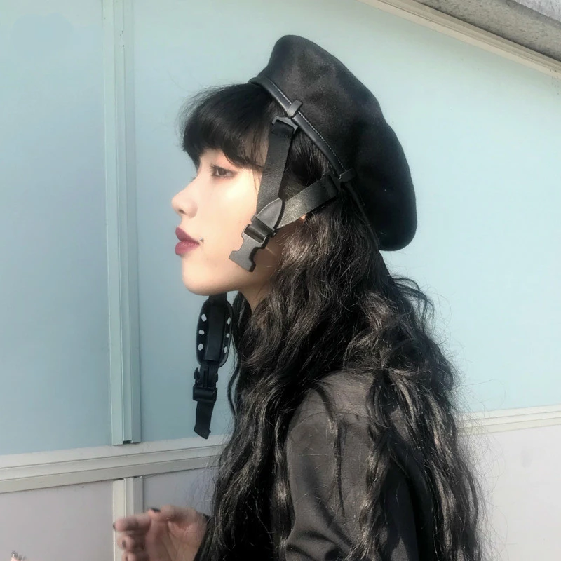 Женская Черная осенне зимняя шапка художника в стиле Харадзюку с регулируемой