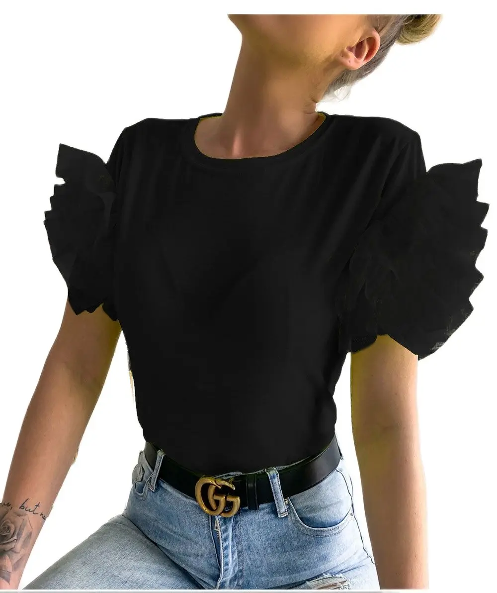 

Модный кружевной однотонный сетчатый топ с круглым вырезом и пышными рукавами, летняя футболка 2021, Новое поступление, повседневная хлопков...