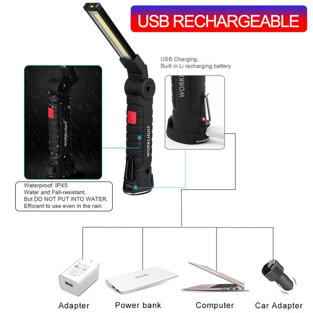 5 режимов Cob портативный светодиодный Рабочий фонарь Usb Перезаряжаемый Магнитный