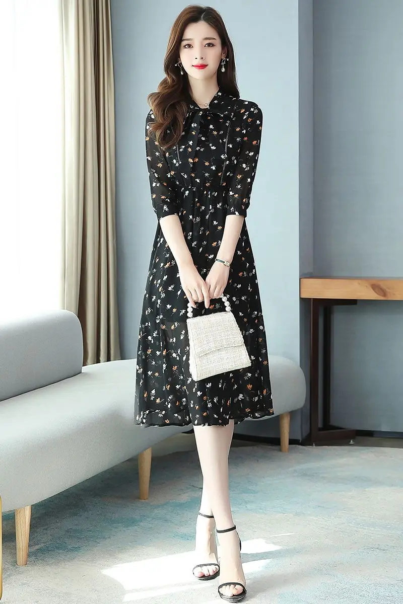 

COIGARSAM Chiffon Women Long dress New Spring Floral Print High Waist Dresses Black 8991