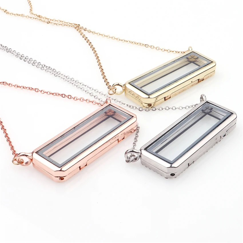 1Pc Hot Sale Geometric Rectangle  Memory Living Photo Medallion Locket Pendant Necklaces For Women Gift Jewelry Making
