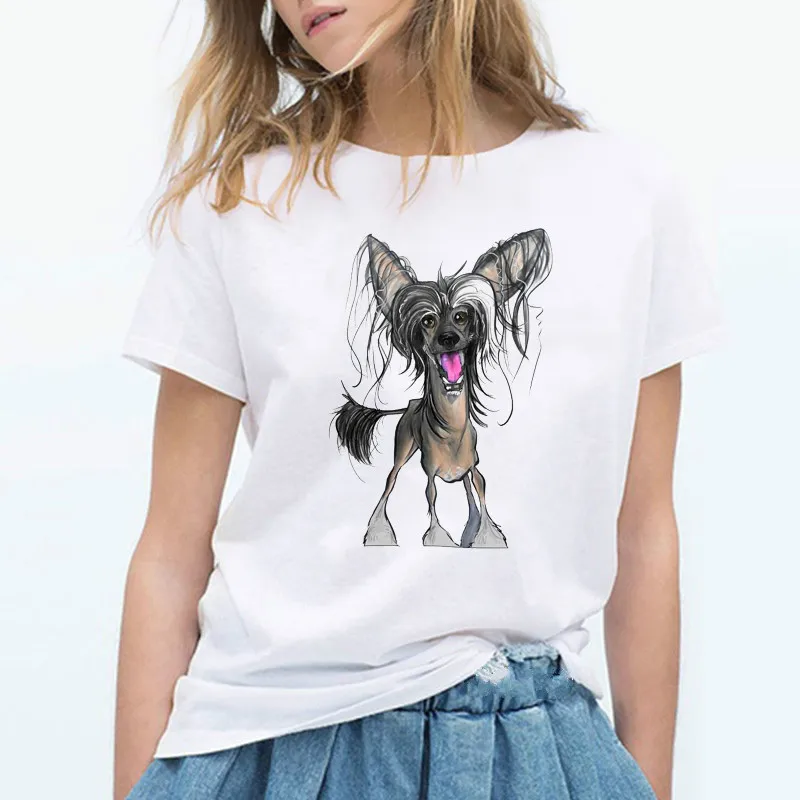 

Shirts Women Fashion Crested Dog Graphic Printed T-shirts Women Harajuku Casual White Female O-neck Tops Tee Clothes