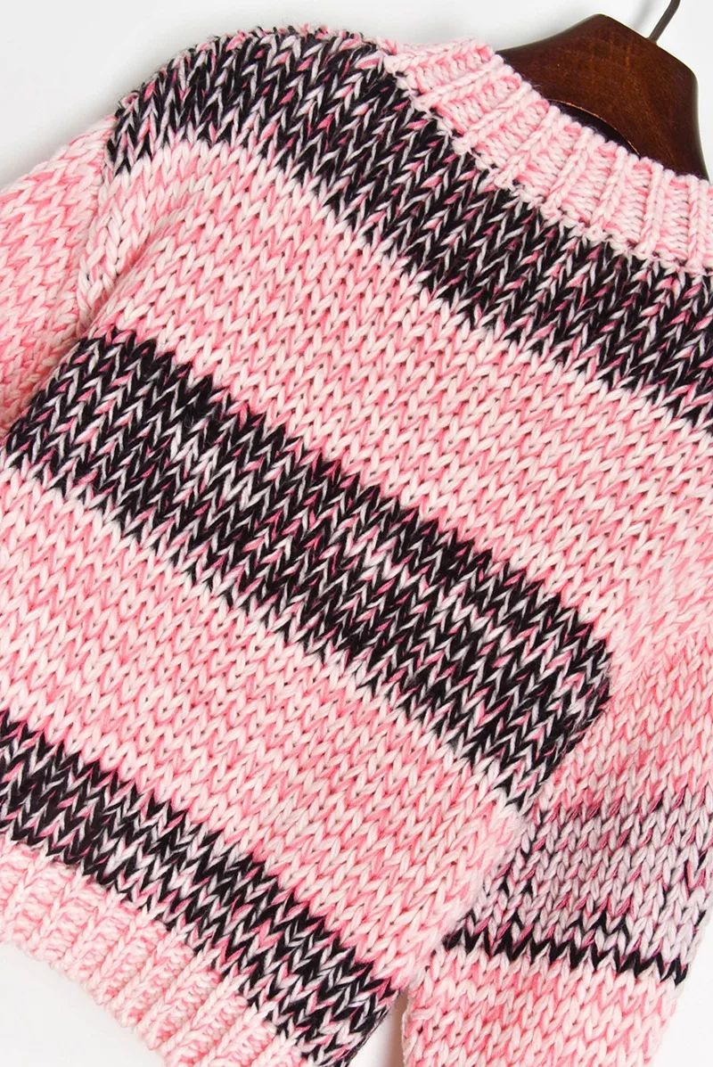

Runway Sweater Women Cropped Cardigan 2020 Autumn Winter Striped Knitted Sweater Coat O-neck Thick Pink Cardigan Sueter Mujer