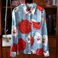 sping autumn new designer womens elegant floral print long sleeves shirts top f023