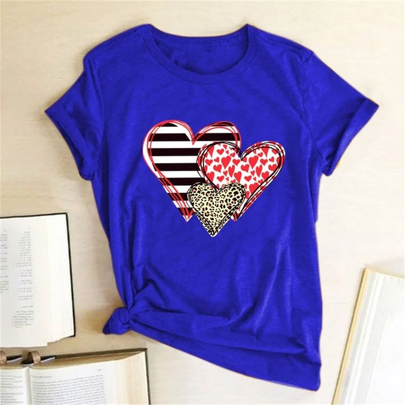 

Leopard Heart Stripe Print Women T Shirt Short Sleeve O Neck Loose Women Tshirt Ladies Tee Shirt Clothes Camisetas Mujer
