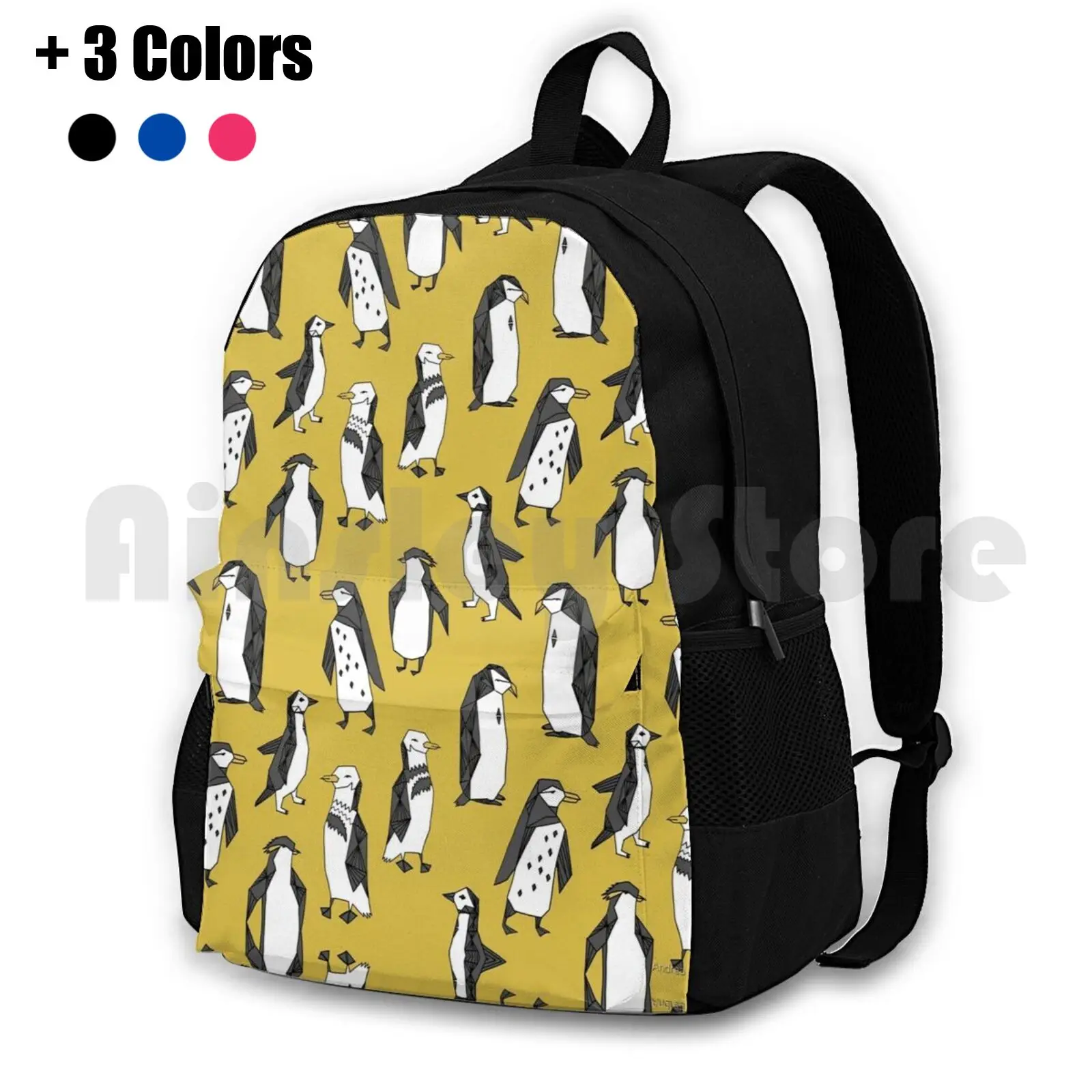 

Penguins-Mustard By Andrea Lauren Outdoor Hiking Backpack Waterproof Camping Travel Pattern Penguin Bird Andrea Lauren