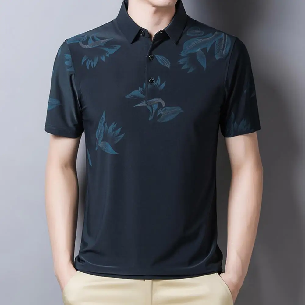 

75% HOT SALES!!! T-shirt Floral Print Short Sleeve Polyester Men Turn Down Collar Shirt Top for Summer