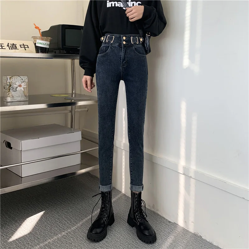 

Джинсы женские весенние эластичные повседневные хлопковые брюки-карандаш черные синие узкие брюки стрейч женские джинсы FC594 2021