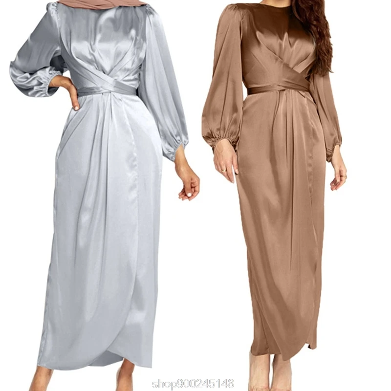 

Muslim Satin Long Sleeve Maxi Dress Solid Color Wrap Front Self-Tie Abaya Dubai Turkey Hijab Robe Kaftan N05 20 Dropshipping