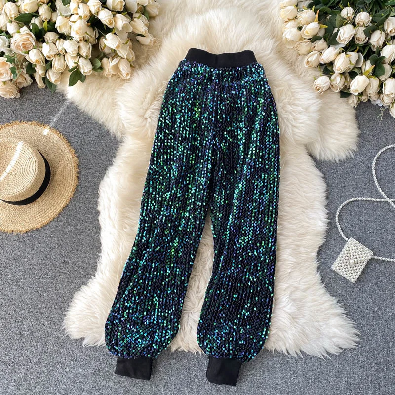 

Korean Fashion Elastic Waist Sequin Casual Pants Girl Design Sense Female Street France Women Harlan Leg Pants Autumn Spring