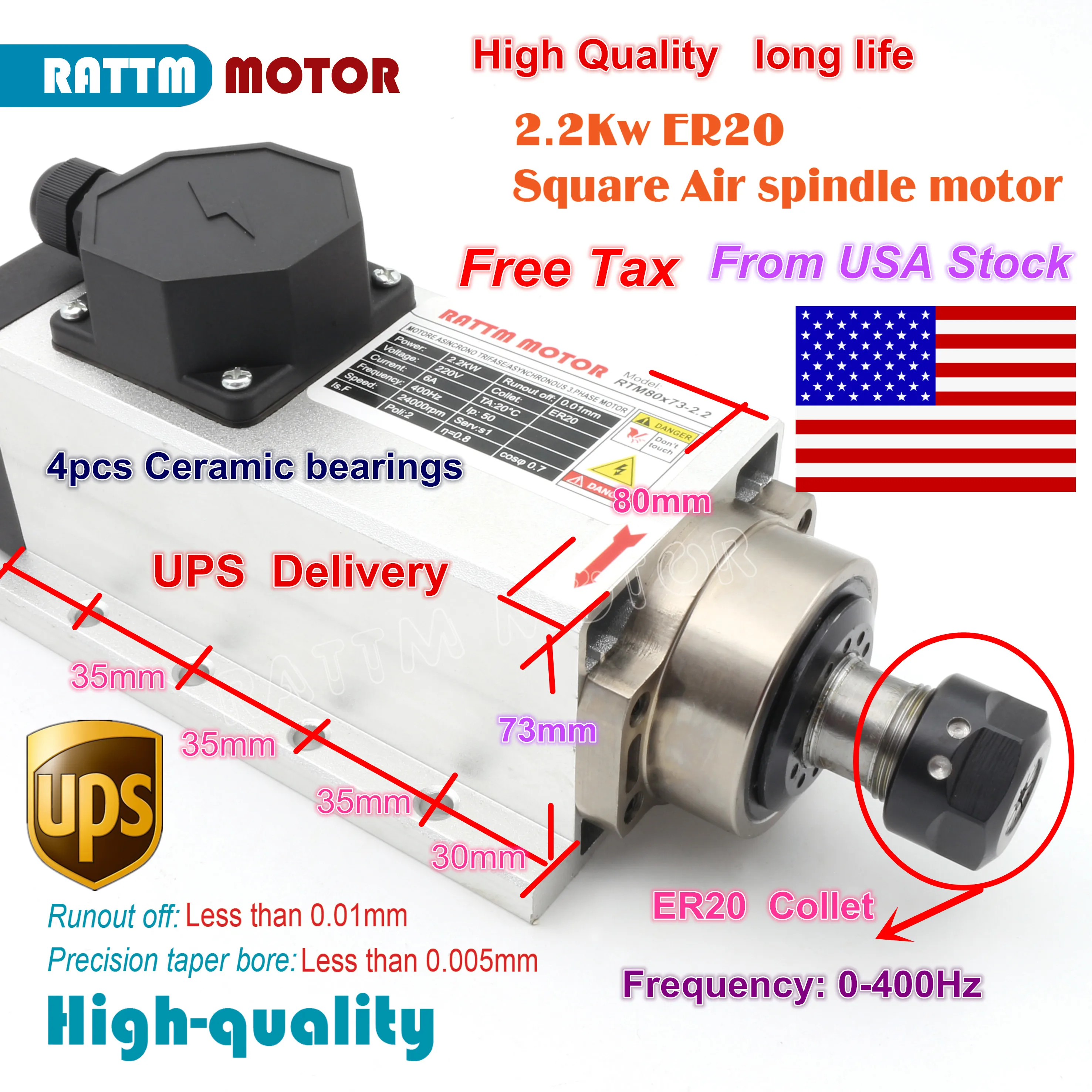 США квадратный 0 01 КВТ электродвигатель шпинделя с воздушным охлаждением ER20 runout
