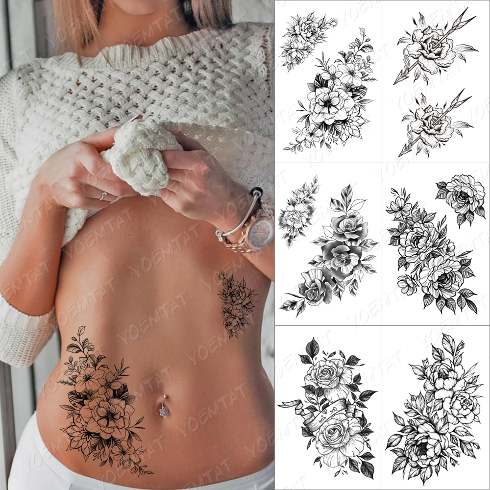 

Lines Roses Snake Flowers Temporary Tattoo Sticker For Men Women Adult Peony Waterproof Fake Henna Old School Body Art Tattoo