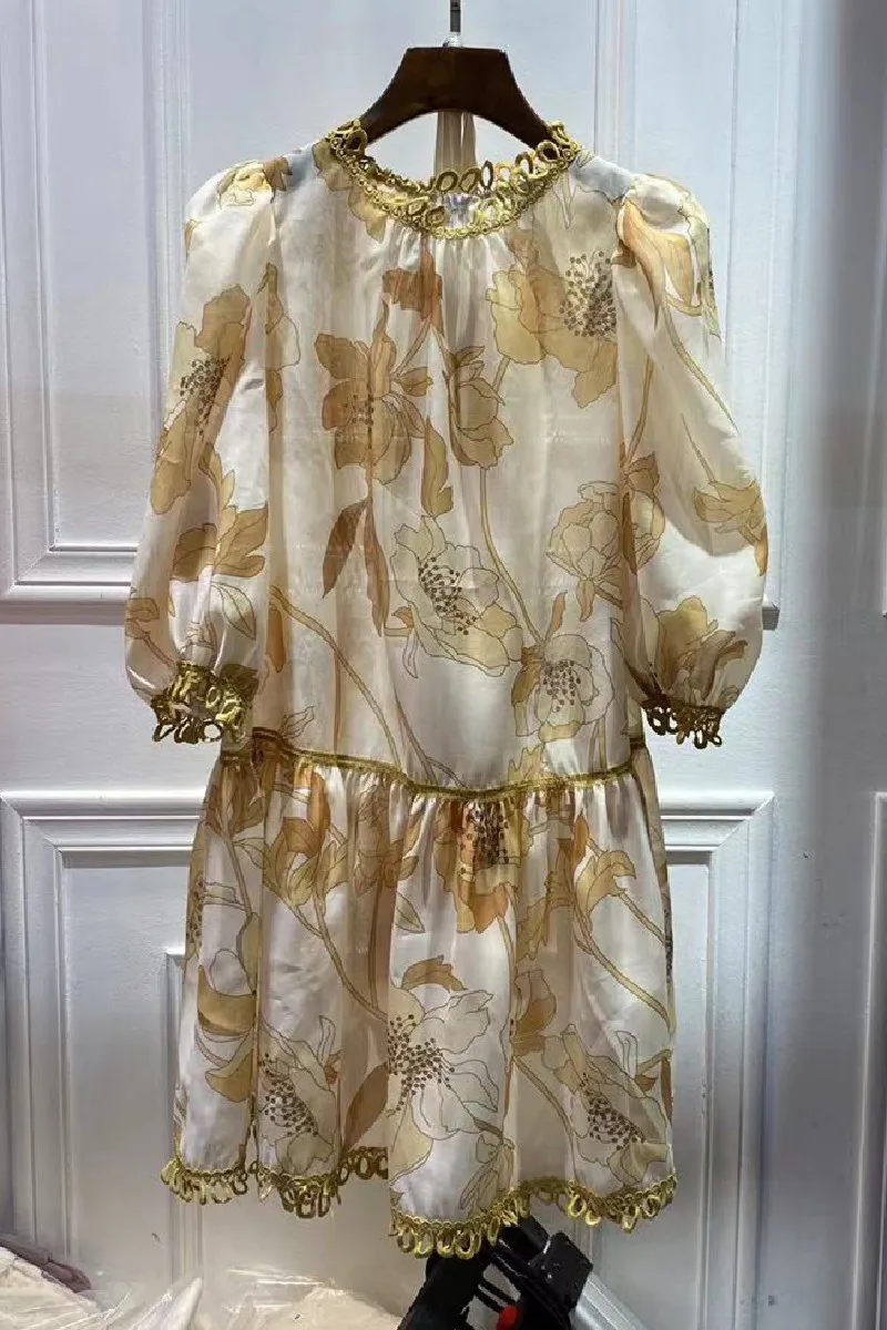 

Summer 2021 New French Retro Round Neck Print Multi Half Sleeve Silk Cotton Dress For Women