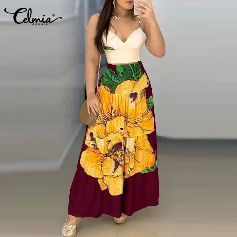 

Women Bohemian Vintage Floral Print High Waist Beach Skirt Celmia 2021 Summer Casual Loose Pleated Long Maxi Skirt
