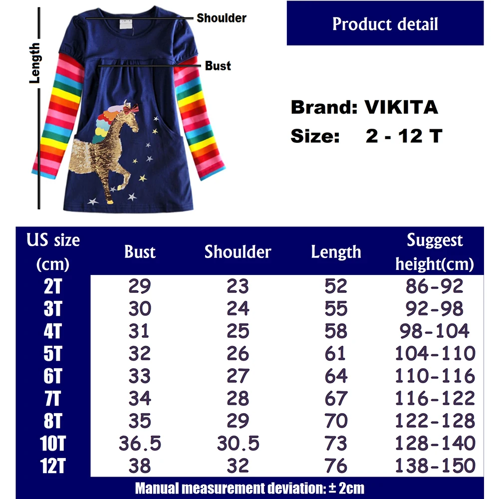 VIKITA Children Rainbow Striped Dress Girls Sequined Unicorn Dresses Kids Autumn Dress with Pockets Girl Cotton Vestidos 3-12Yrs