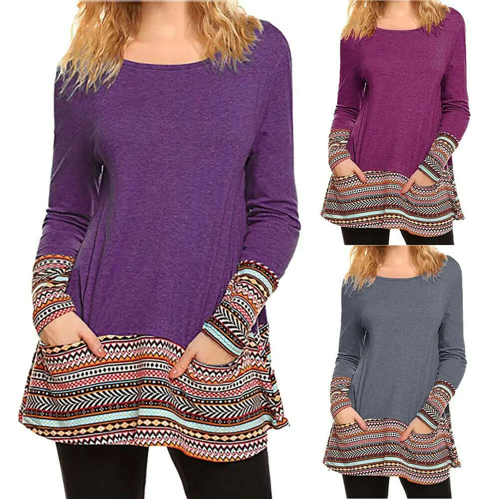 

Women Fashion Long Sleeve Pocket Printed Patchwork Blouse Tops Clothes T Shirt