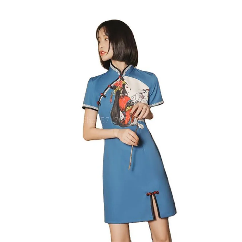 

Chinese Style Dress Retro Cheongsam Girl Printed Short-sleeved Split Slim Daily Fashion Improved Cheongsam Women Vintage Dress