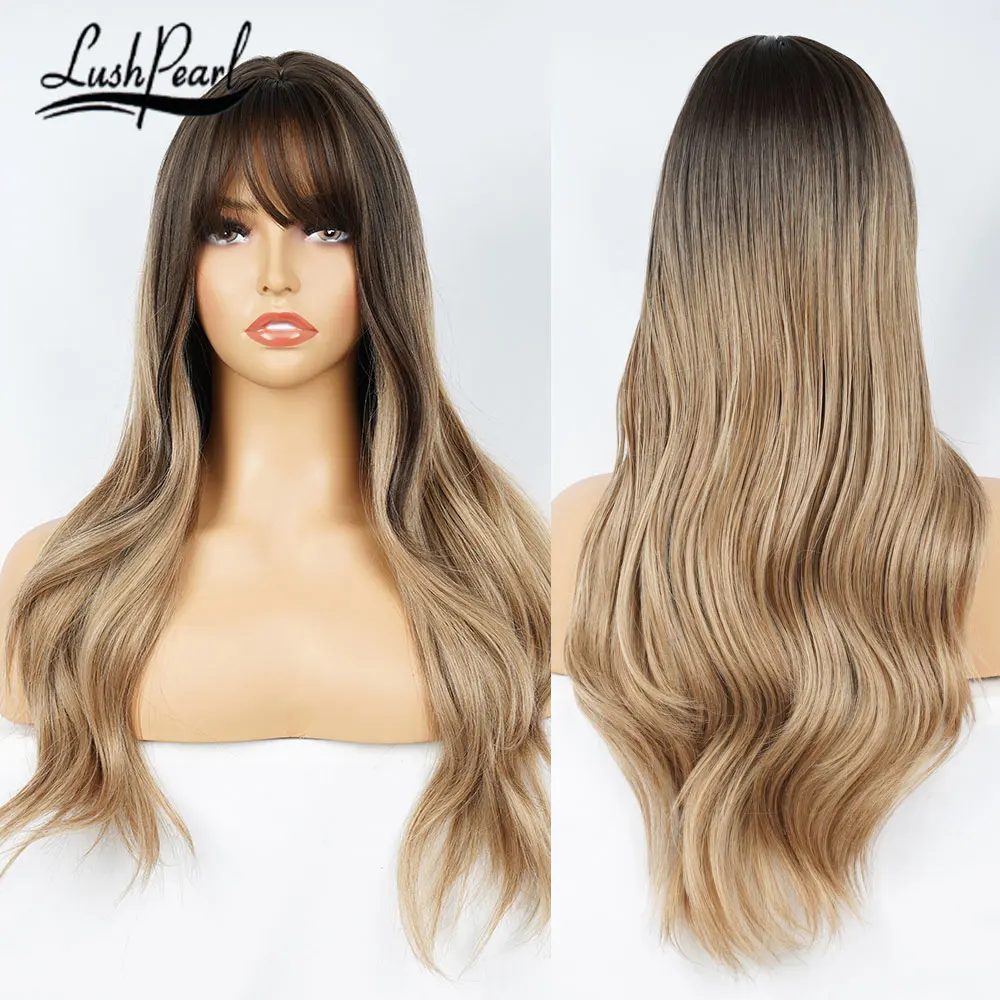 

Long Wavy Brown Blonde Ombre Synthetic Wigs with Bangs Natural Hair Wigs for Women Daily Cosplay Wig Heat Resistant Fiber