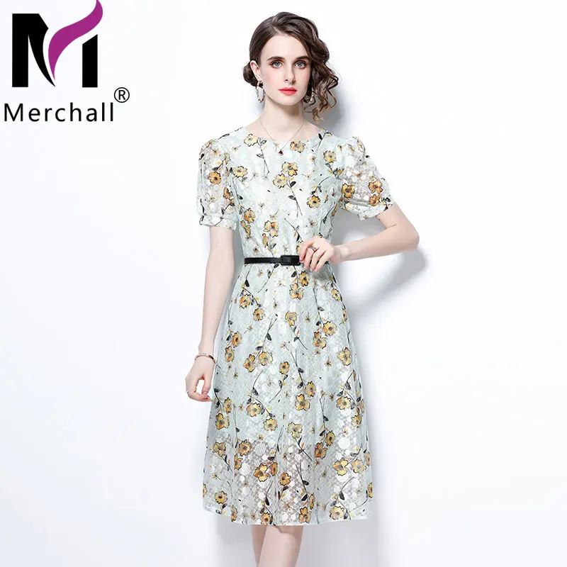 

Merchall Summer Flower Print Party Dress Female Mesh Lace O Neck Puff Sleeve A Line Midi Slim Dresses 2021 Woman Clothing M66766