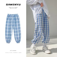mens pants summer plaid loose youth straight wide leg sport streetwear tidal current best the new listing
