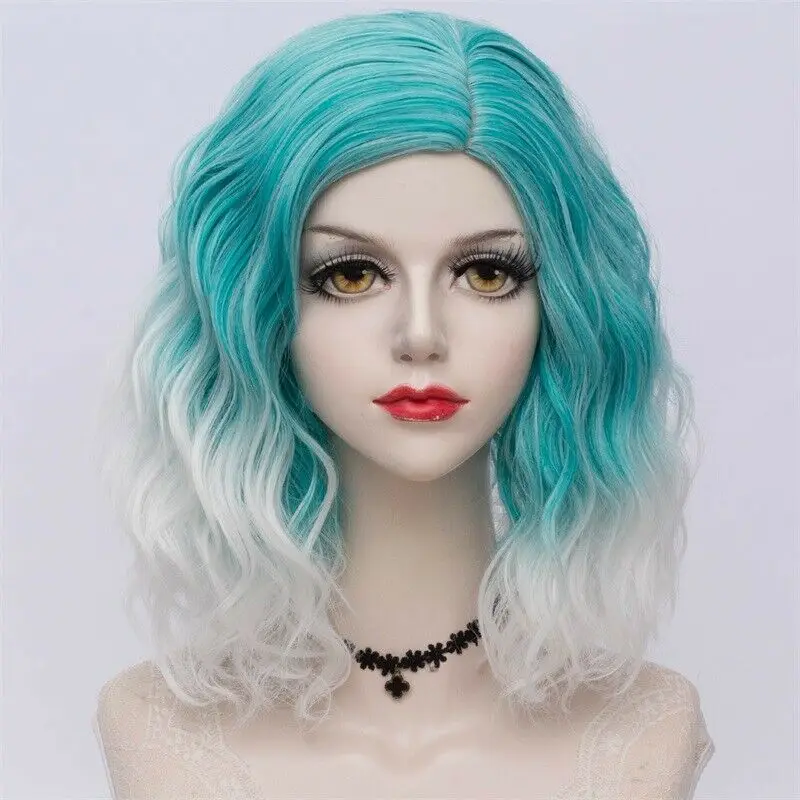 Blue Gradient White 27 стиль радуги многоцветные Хэллоуин 35 см вьющиеся синтетические парик Лолита Средний Омбре вечерние Косплей - Цвет: Blue Gradient White