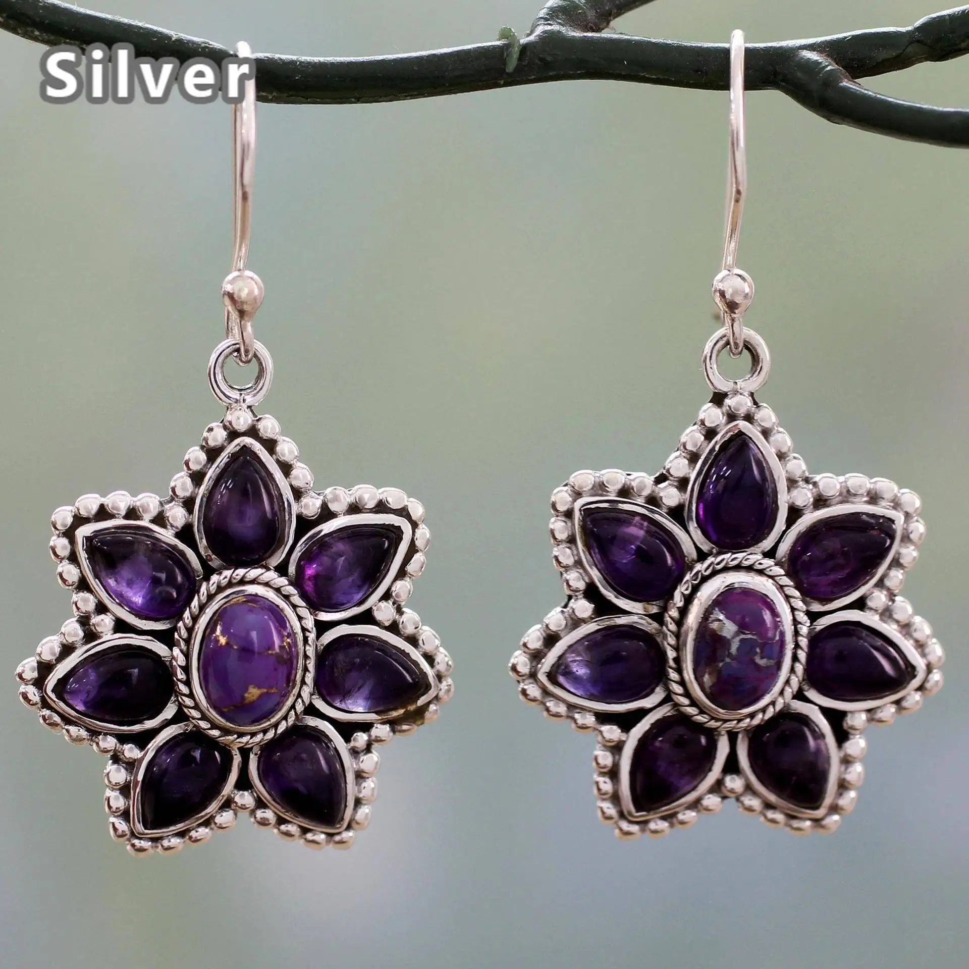 

Retro Silver Purple Dragon Crystal petal Earrings female European and American peach blossom purple Turquoise Earrings Earrings