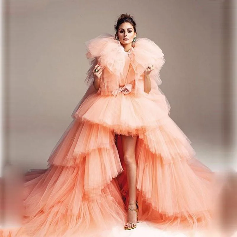 

High Fashion Coral Draped Tulle High Low Prom Gowns Puffy Long Tulle Formal Event Party Dresses Ruffles Dress