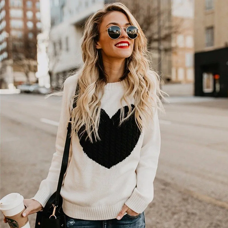 

Casual Long Sleeved Women Sweater 2021 New Heart Pattern Autumn And Winter Ladies Sweater Fashion Knitted Street Harajuku Tops