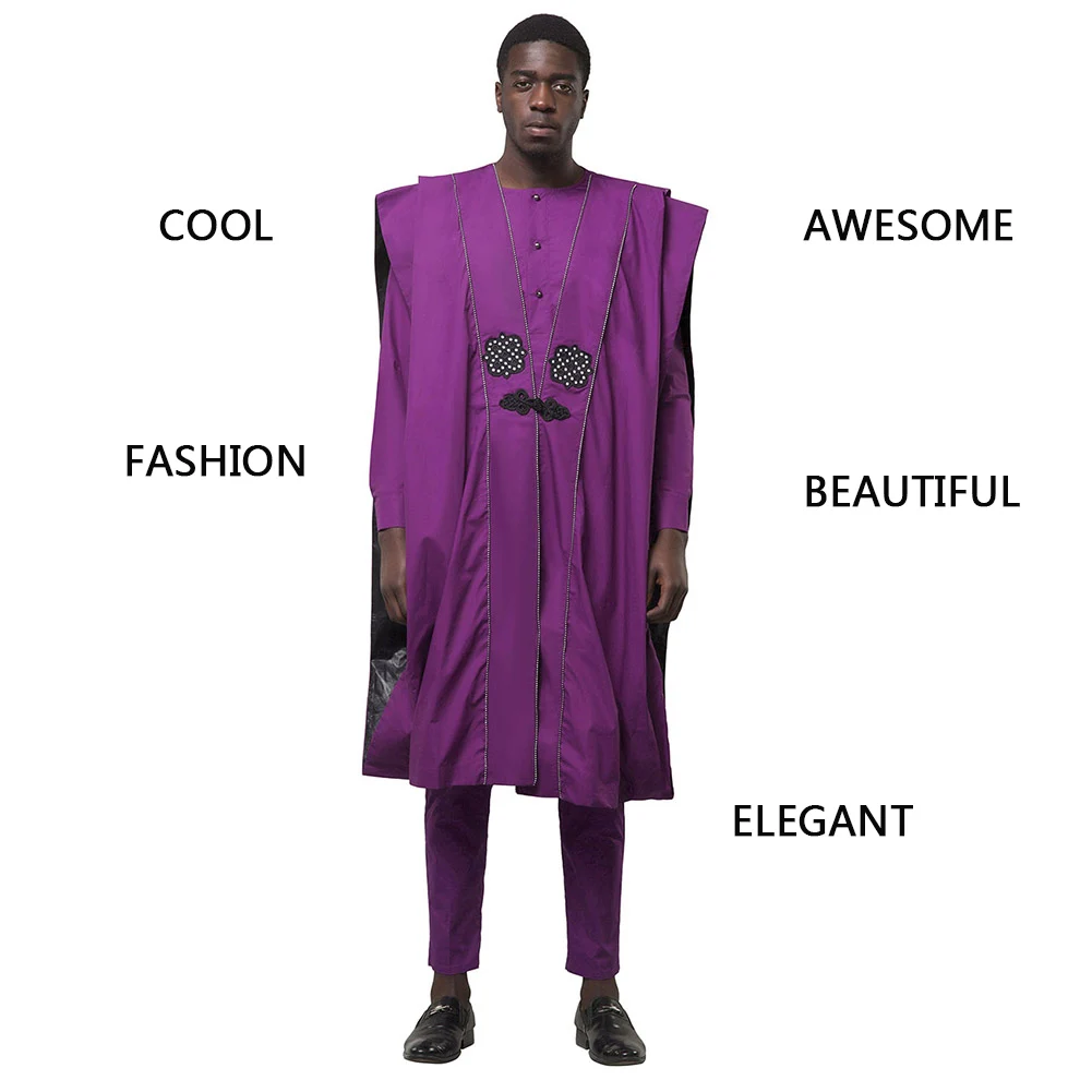 SUNGIFT Men's African Stylish Clothing Printed Agbada Dashiki Top Shirts and Pants Boubous Slim Fit Breathable Outfits 3 Pieces