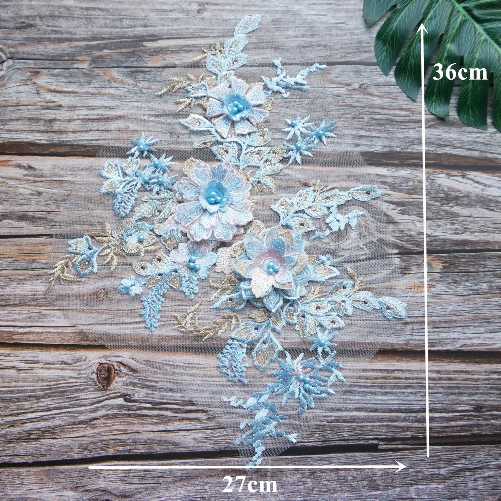 Синяя кружевная ткань 3D цветок бисер горный хрусталь Вышитые свадебное платье